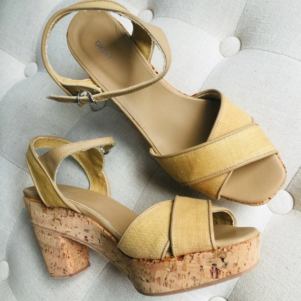 DKNY Cork Platform Heel Wedge Sandals Sz 7.5/38 SPAIN NIB DANNA KARAN square toe